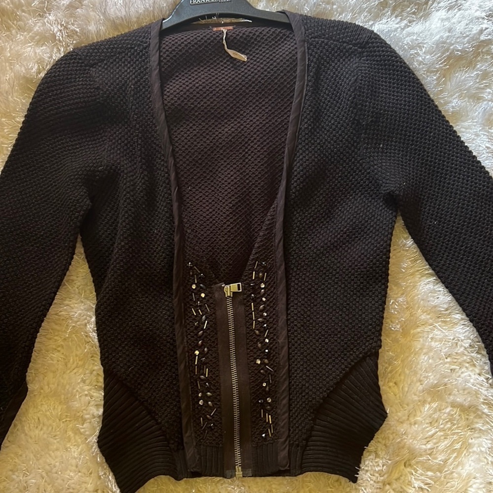 Free People black 3/4 zipper beaded cardigan size S/P